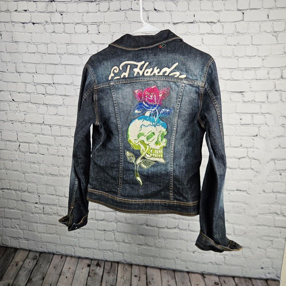 Ed Hardy Christian Audigier Denim Jacket Skull Rose Rhinestone Dark Wash Medium